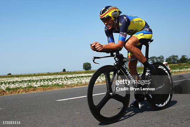 Alberto Contador of Spain and Team-SaxoTinkoff rides during stage eleven of the 2013 Tour de France, a 33KM Individual Time Trial from Avranches to...