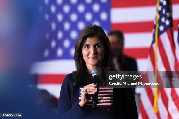 Republican presidential candidate former U.N. Ambassador Nikki Haley takes a question from an audience member during a town hall at Rochester...