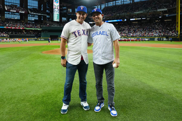 Texas Rangers alumni Ian Kinsler and Derek Holland pose prior to Game 3 of the ALCS between the Houston Astros and the Texas Rangers at Globe Life...