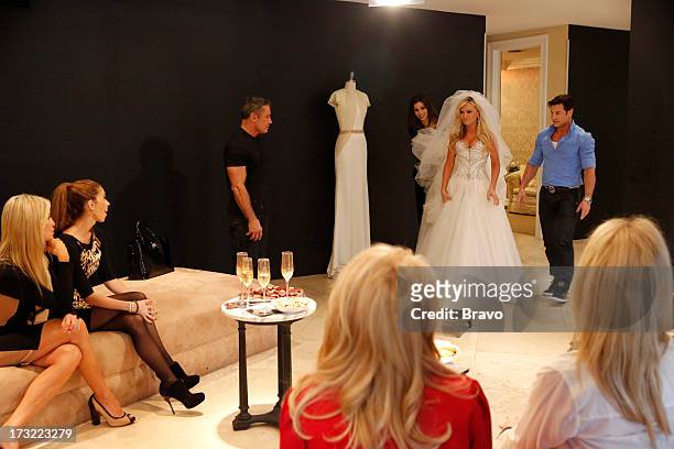 Wedding Dress Stress" Episode 813 -- Pictured: Lauri Peterson, Lydia McLaughlin, fashion designer Mark Zunino, Heather Dubrow, Tamra Barney, Rene...