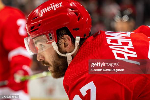 Michael Rasmussen of the Detroit Red Wings gets set for the face-off during the first period at Little Caesars Arena on October 18, 2023 in Detroit,...