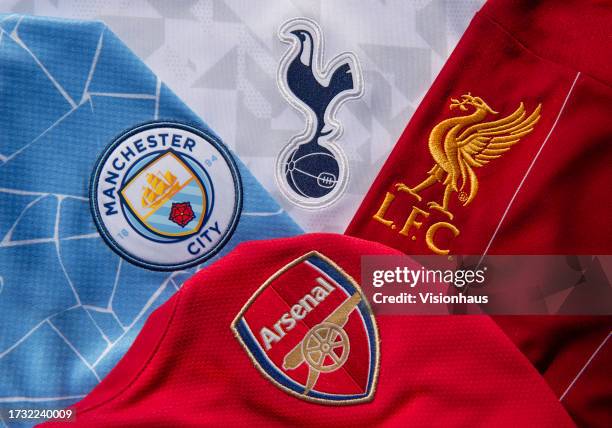 The badges of the top four teams in the Premier League, Manchester City, Tottenham Hotspur, Arsenal and Liverpool, on October 12, 2023 in Manchester,...