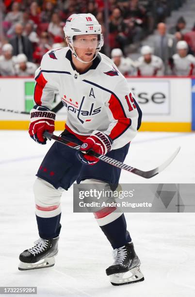 Playing in his 1,100th NHL game Nicklas Backstrom of the Washington Capitals skates against the Ottawa Senators at Canadian Tire Centre on October...