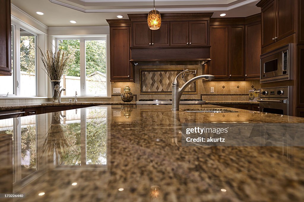 Close up shot of granite kitchen counter