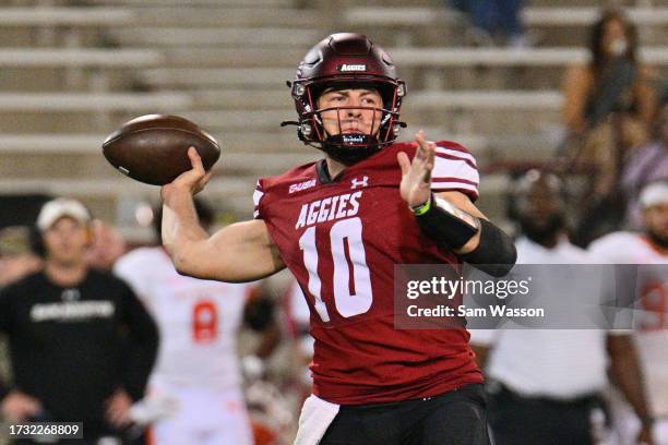 Quarterback Diego Pavia of the New Mexico State Aggies passes against the Sam Houston Bearkats during the second half of their game at Aggie Memorial...