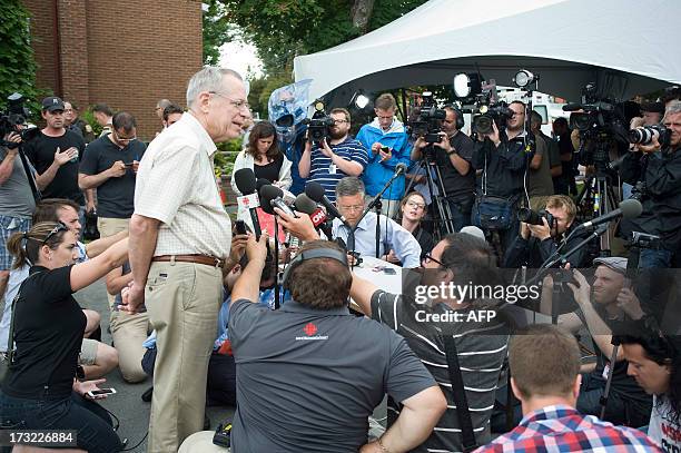 Edward Bukhardt, CEO of Montreal, Maine and Atlantic Railways Inc., speaks during a press conference on the July 6 train derailment and fire July 10,...