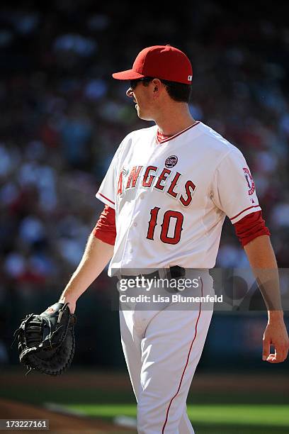 Brad Hawpe of the Los Angeles Angels of Anaheim plays first base against the Boston Red Sox at Angel Stadium of Anaheim on July 7, 2013 in Anaheim,...