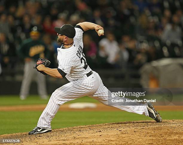 Jesse Crain of the Chicago White Sox pitches against the Oakland Athletics at U.S. Cellular Field on June 6, 2013 in Chicago, Illinois. The Athletics...