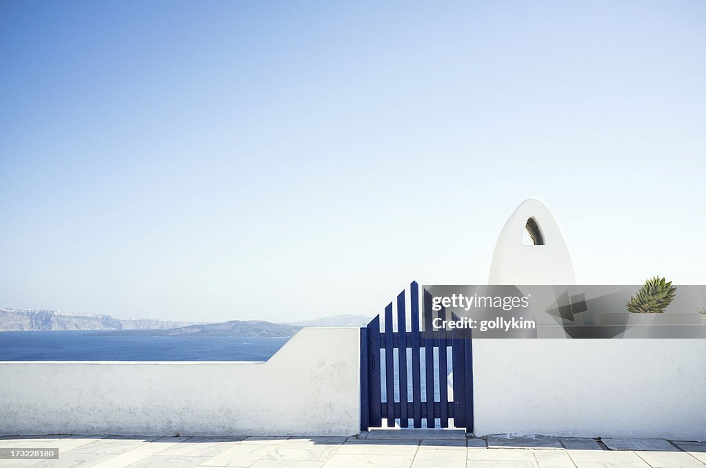 View of ocean from balcony, Greece, Santorini Island, Oia