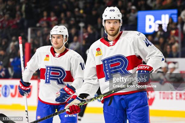 Look on Laval Rocket right wing Joel Armia during the game between the Rochester Americans versus the Laval Rocket on October 18, 2023 at Place Bell...