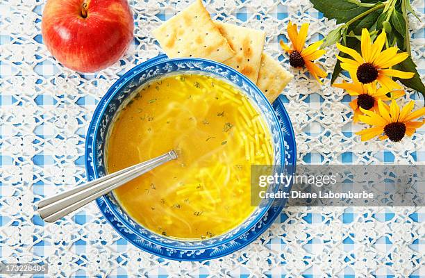 chicken noodle soup and apple - chicken soup stock pictures, royalty-free photos & images