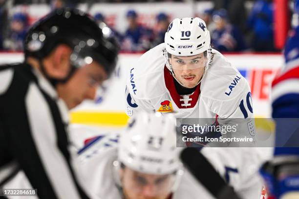 Laval Rocket left wing Joshua Roy waits for a face-off during the game between the Rochester Americans versus the Laval Rocket on October 18, 2023 at...
