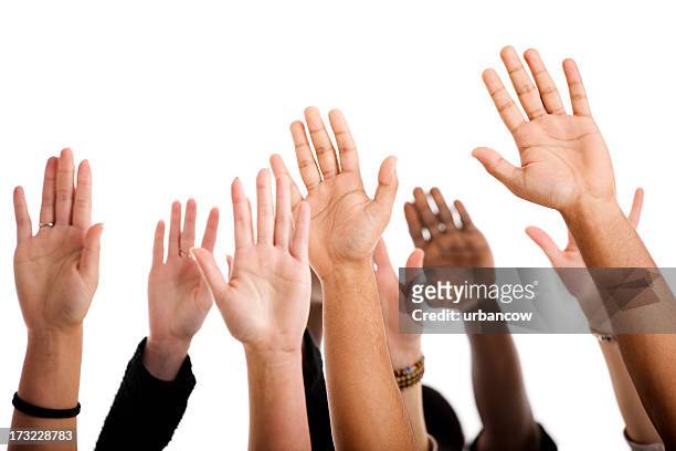 hands up - armen omhoog stockfoto's en -beelden