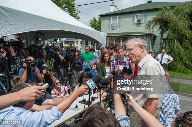 Edward Burkhardt, chief executive officer of Rail World Inc., owner of Montreal, Maine & Atlantic Railway Ltd., speaks to the media in Lac-Megantic,...