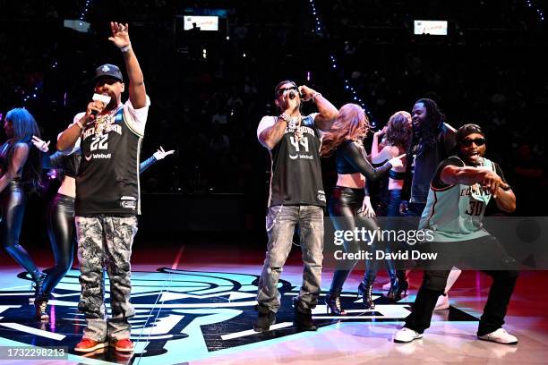 Juelz Santana, Jim Jones and Freekey Zekey perform during halftime of game 4 of the 2023 WNBA Finals on October 18, 2023 at Barclays Center in...