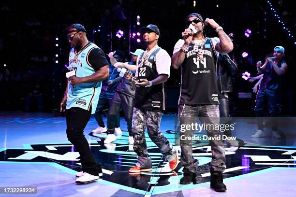 Juelz Santana, Jim Jones and Freekey Zekey perform during halftime of game 4 of the 2023 WNBA Finals on October 18, 2023 at Barclays Center in...
