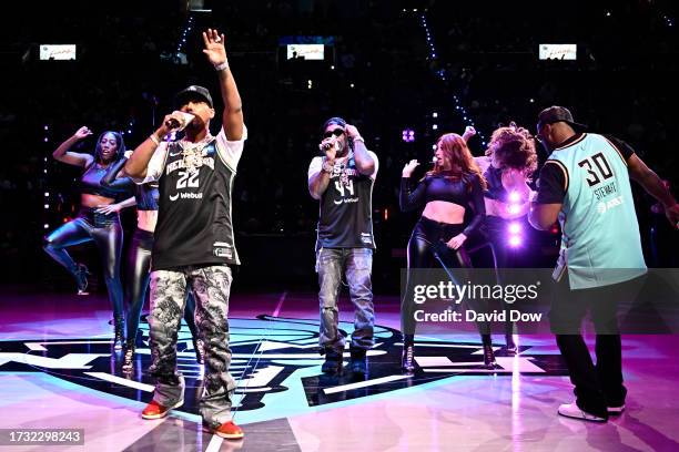 Juelz Santana, Jim Jones and Freekey Zekey perform during halftime of game 4 of the 2023 WNBA Finals on October 18, 2023 at Barclays Center in...