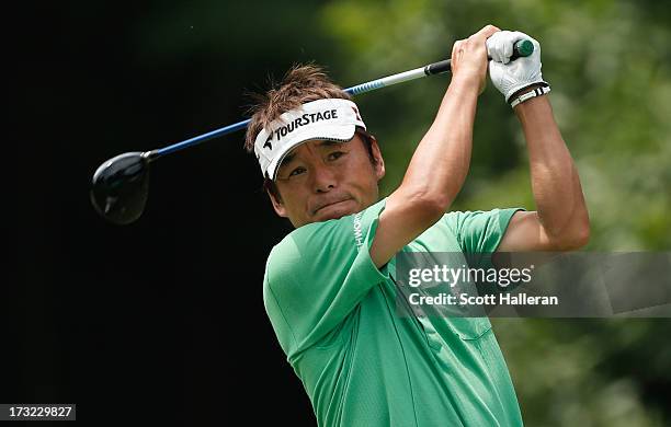 Joe Ozaki of Japan hts a shot during a practice round prior to the start of the 2013 U.S. Senior Open Championship at Omaha Country Club on July 10,...