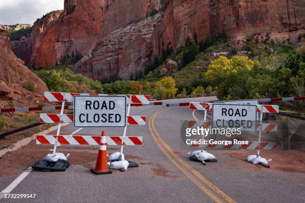 The road through Kolob Canyon in Zion National Park is closed due to a major wash out due to heavy rain on October 10, 2023 in Zion National Park,...