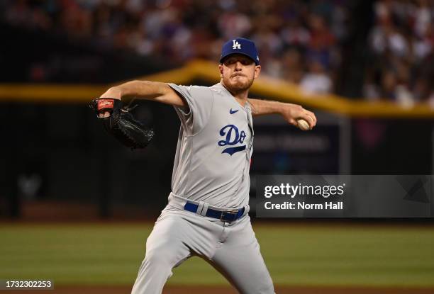 Caleb Ferguson of the Los Angeles Dodgers delivers a pitch against the Arizona Diamondbacks during Game Three of the Division Series at Chase Field...