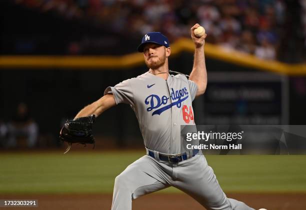 Caleb Ferguson of the Los Angeles Dodgers delivers a pitch against the Arizona Diamondbacks during Game Three of the Division Series at Chase Field...