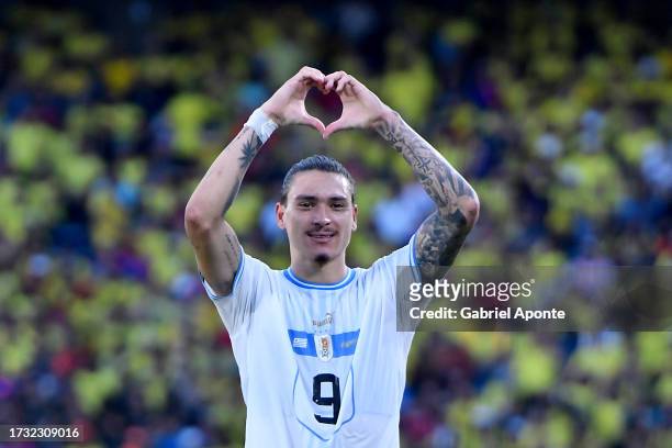 Darwin Nuñez of Uruguay celebrates after scoring the second goal of his team during a FIFA World Cup 2026 Qualifier match between Colombia and...