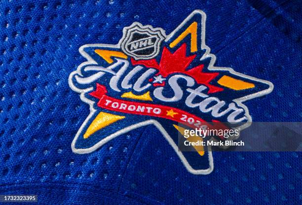 Auston Matthews of Toronto Maple Leafs wears a NHL All Star logo while playing against the Montreal Canadiens during the first period at the...