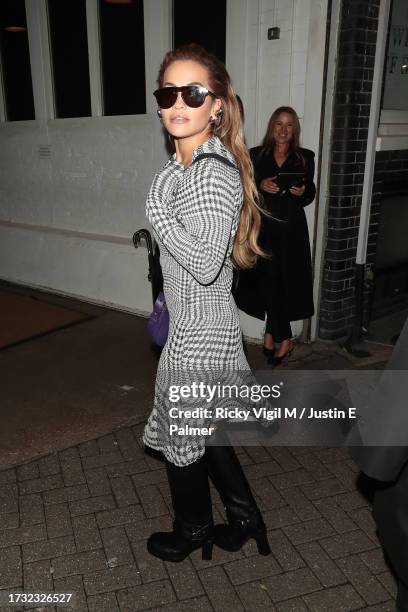 Rita Ora is seen arriving at St JOHN restaurant as Sarah Lucas & Daniel Lee host a dinner to celebrate "Happy Gas" Exhibition on October 12, 2023 in...