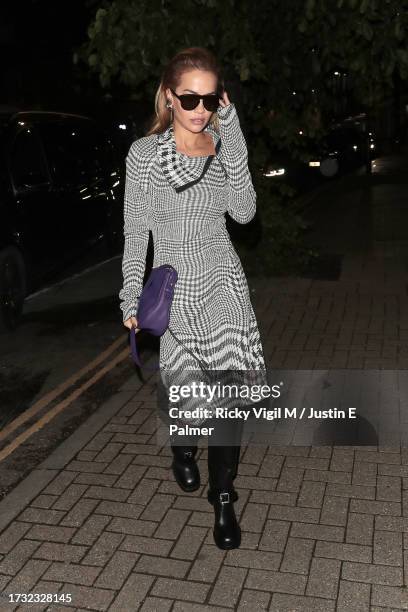Rita Ora is seen arriving at St JOHN restaurant as Sarah Lucas & Daniel Lee host a dinner to celebrate "Happy Gas" Exhibition on October 12, 2023 in...