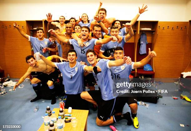 Player of Uruguay celebrate in the dressing room after winning the FIFA U-20 World Cup Semi Final match between Iraq and Uruguay at Huseyin Avni Aker...