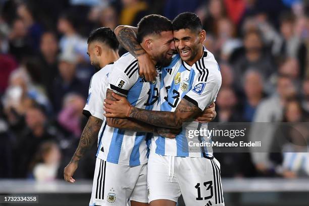 Nicolas Otamendi of Argentina celebrates with Cristian Romero after scoring the team's first goal during the FIFA World Cup 2026 Qualifier match...