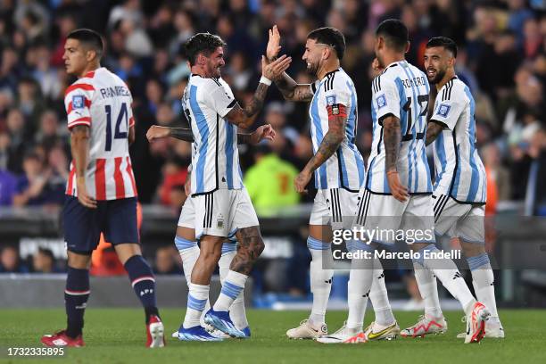 Nicolas Otamendi of Argentina celebrates with teammates after scoring the team's first goal during the FIFA World Cup 2026 Qualifier match between...