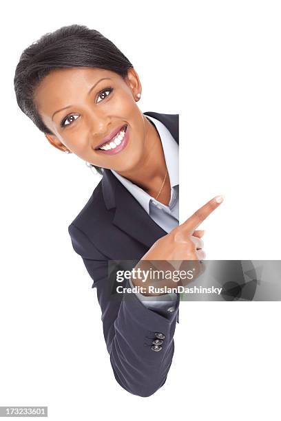 geschäftsfrau zeigt auf leere plakat. - business woman pointing stock-fotos und bilder