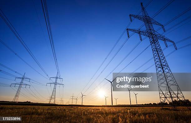 high voltage tower - sunset - power cable bildbanksfoton och bilder