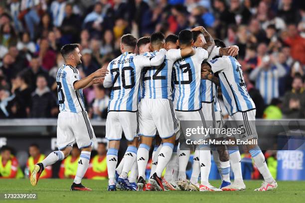 Nicolas Otamendi of Argentina celebrates with teammates after scoring the team's first goal during the FIFA World Cup 2026 Qualifier match between...