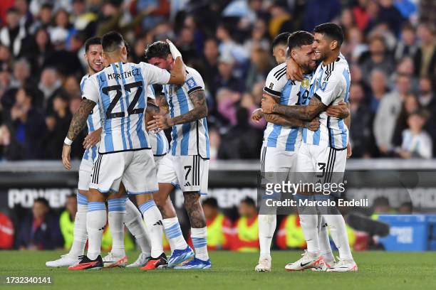 Nicolas Otamendi of Argentina celebrates with teammate Cristian Romero after scoring the team's first goal during the FIFA World Cup 2026 Qualifier...
