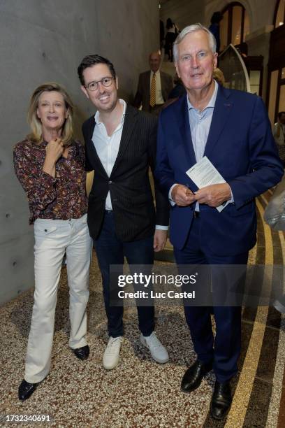 Isabelle Garnier, Pierre-Alain Challier and Michel Barnier attend the opening of "Ghost And Spirit : Mike Kelley's Retrospective" at Bourse de...