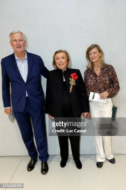 Michel Barnier, Maryvonne Pinault and Isabelle Garnier attend the opening of "Ghost And Spirit : Mike Kelley's Retrospective" at Bourse de...