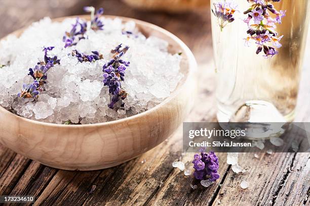 aromatherapy lavender bath salt and massage oil - badzout stockfoto's en -beelden