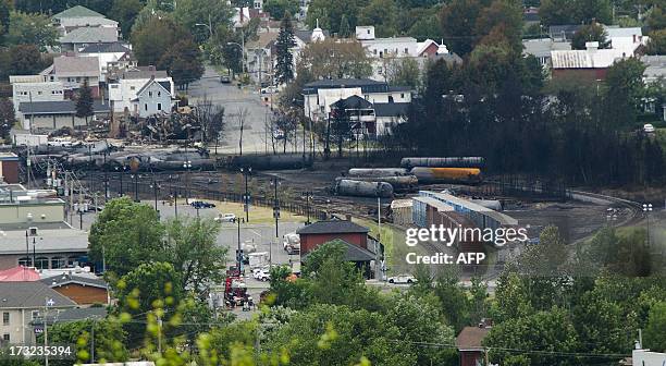 Scorched oil tankers remain on July 10, 2013 at the train derailment site in Lac-Megantic, Quebec. Edward Bukhardt, CEO of Montreal, Maine and...