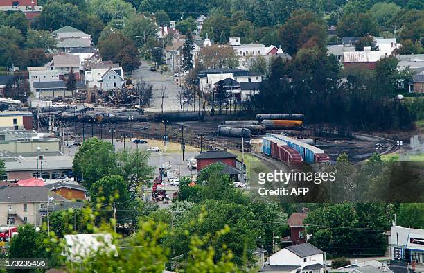 Scorched oil tankers remain on July 10, 2013 at the train derailment site in Lac-Megantic, Quebec. Edward Bukhardt, CEO of Montreal, Maine and...