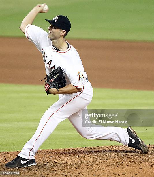 Miami Marlins' Jacob Turner pitches in the seventh inning against the Atlanta Braves at Marlins Park in Miami, Florida, Wednesday, July 10, 2013.