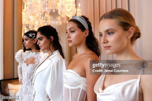 Models backstage during Bronx And Banco Bridal NYFW "La Blanche" at Baccarat Hotel on October 12, 2023 in New York City.