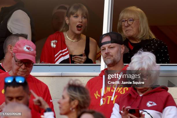 Taylor Swift and Donna Kelce look on before the game between the Kansas City Chiefs and the Denver Broncos at GEHA Field at Arrowhead Stadium on...