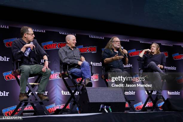 Scott M. Gimple, David Zabel, Greg Nicotero and Norman Reedus speak onstage at AMC and AMC+ Present The Walking Dead: Daryl Dixon at Jacob Javits...