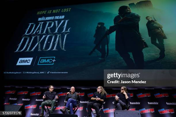 Scott M. Gimple, David Zabel, Greg Nicotero and Norman Reedus speak onstage at AMC and AMC+ Present The Walking Dead: Daryl Dixon at Jacob Javits...