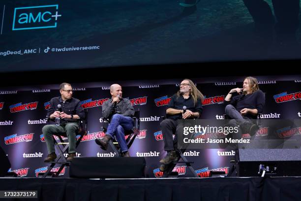 Scott M. Gimple, David Zabel, Greg Nicotero and Norman Reedus speak onstage at AMC and AMC+ Present The Walking Dead: Daryl Dixon at Jacob Javits...