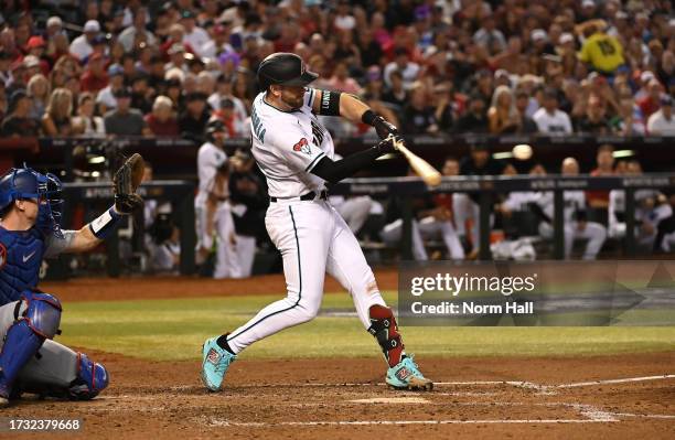 Evan Longoria of the Arizona Diamondbacks gets ready in the batters box against the Los Angeles Dodgers during Game Three of the Division Series at...