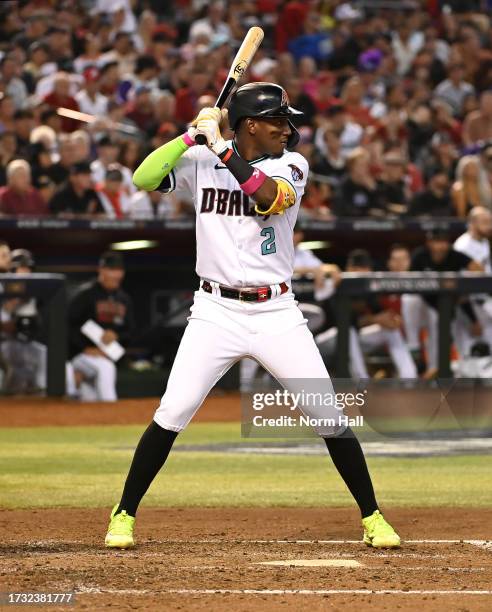 Geraldo Perdomo of the Arizona Diamondbacks gets ready in the batters box against the Los Angeles Dodgers during Game Three of the Division Series at...