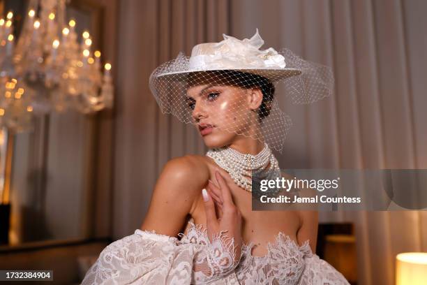 Model backstage during Bronx And Banco Bridal NYFW "La Blanche" at Baccarat Hotel on October 12, 2023 in New York City.